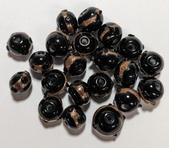 20, 8mm Opaque Black Lampwork Beads With Gold Band and Dot