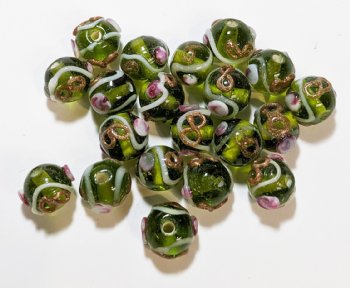 20, 8mm Transparent Olivine Wedding Cake Lampwork Beads With White, Pink, and Gold